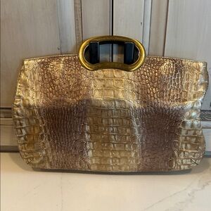 Chic Gold and Tan Crocodile-Embossed Clutch